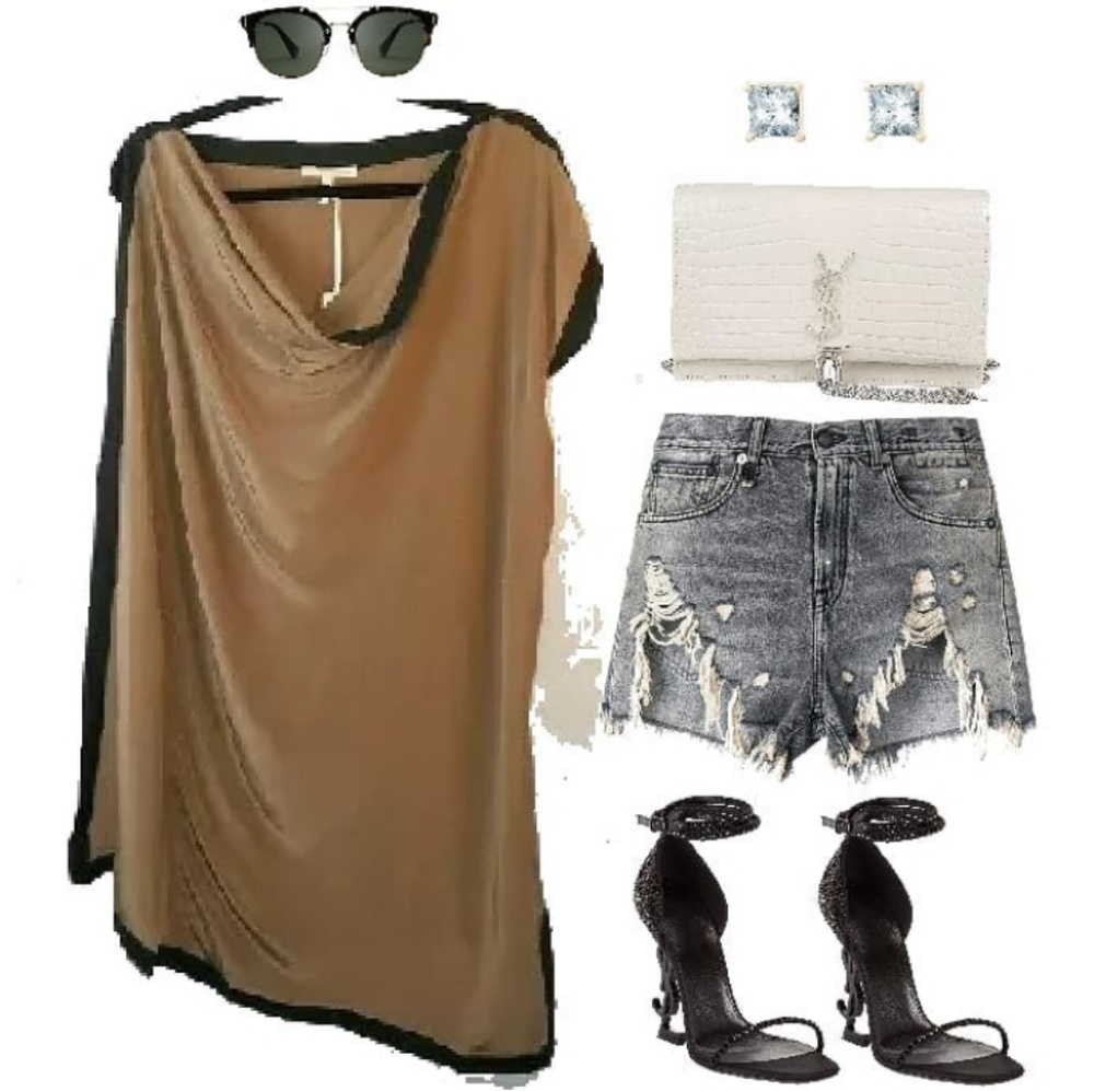Gold Hawk Tan Black Silk Assymetric Tunic Dress